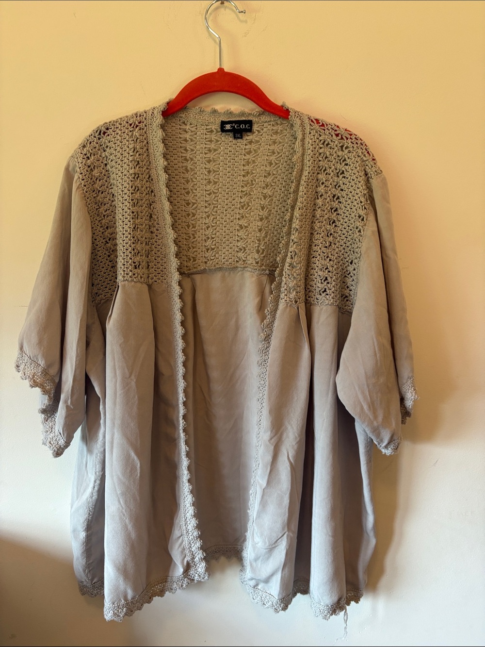 Open-Front Crochet Yoke Kimono Cardigan - Light Taupe